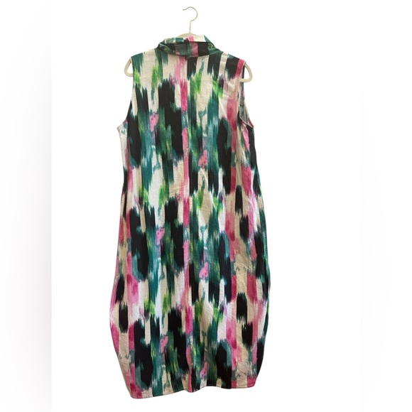FOR CYNTHIA Linen Blend Lagenlook Tunic Dress Abstract Ikat High Low Artwear 1X - Picture 3 of 6